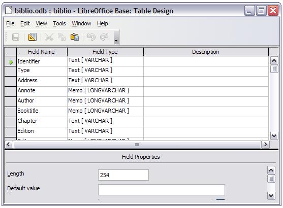 Figure 23: Modify table properties window Adding entries to the database Use the Bibliography Database dialog (Tools > Bibliography Database) to add entries to the database: 1) You can add records