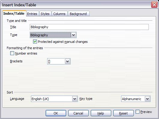 using the right-click menu or the Insert Table/Index dialog.