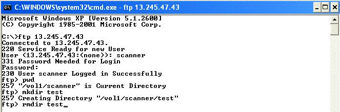 11. To test if the scan user has delete rights for the home directory, type rmdir test to delete the