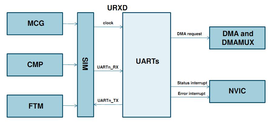 UART interconnect diagram SIM Configuration for the UART SIM controls clock gating for the UARTs (and other modules) SIM must be initialized to enable the clock for any UART before it can be