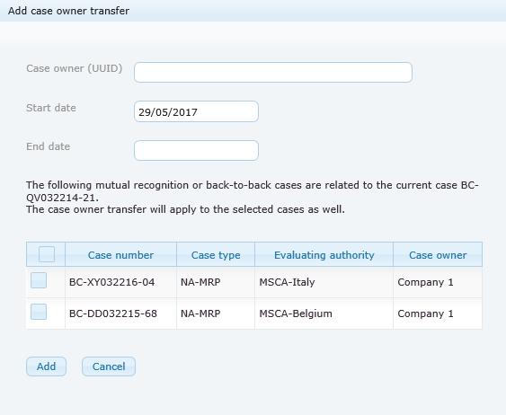 Figure 127: Case owner transfer for same biocidal product applications If you have selected one or many related cases, a delegation for case owner transfer will be automatically created with the same