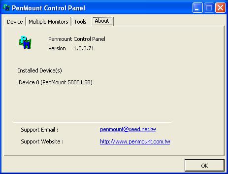 About This panel displays information about the PenMount controller and this driver