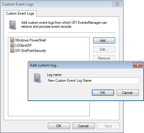 Screenshot 87 - Custom event logs dialog 3. Click Add button and specify the name of your custom event log. 4. Click OK to finalize settings. 5.