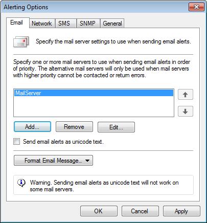 9.3.1 Configuring email alerts To configure email alerts: Screenshot 99 - Configuring Email options 1. From the Alerting Options dialog, click Email tab. 2.