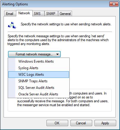 9.3.2 Configuring network alerts To configure network alerts: Screenshot 100 - Configuring Network alerts 1. From the Alerting Options dialog, click Network tab. 2.