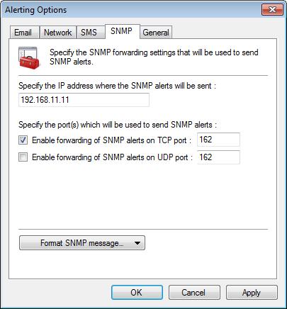 9.3.4 Configuring SNMP alerts To configure SNMP alerts: Screenshot 103 - Configuring SNMP alerts 1. From the Alerting Options dialog, click SNMP tab. 2.