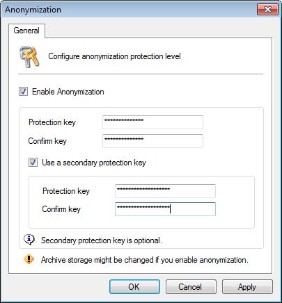 Screenshot 114 Anonymization options 3. Select Enable Anonymization and enter the encryption password. 4.