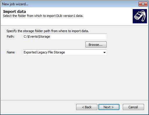 Screenshot 136 Import from legacy file storage 3. Click Next at the wizard welcome screen and select Import from legacy file storage as the job type. Click Next. Screenshot 137 Import from legacy file storage: Select file to import 4.