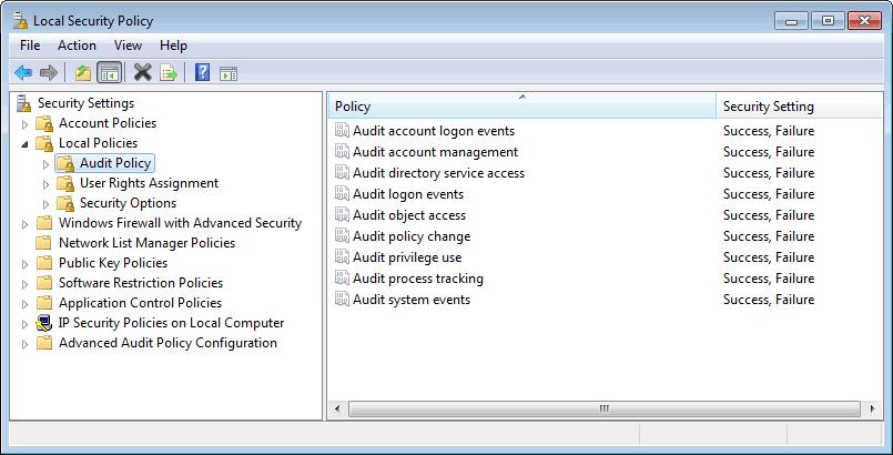 Screenshot 149 - Local security policy window 3. From the right panel, double click Audit object access. 4. From the Audit object access Properties, select Success and Failure and click OK.