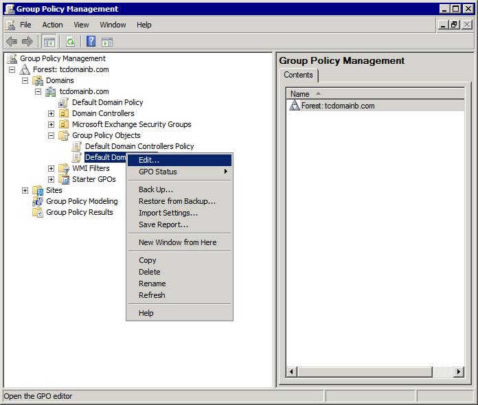 Screenshot 157 - Group Policy Management in Microsoft Windows Server 2008 R2 3. Right click Default Domain Policy and select Edit. 4.