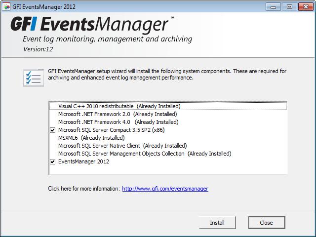 3.7 Installation procedure To install GFI EventsManager: 1. Close all running applications and log on the target computer using an account which has local administrative privileges. 2.