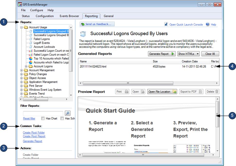 5 Reporting 5.1 Introduction GFI EventsManager provides a fully-fledged reporting system.