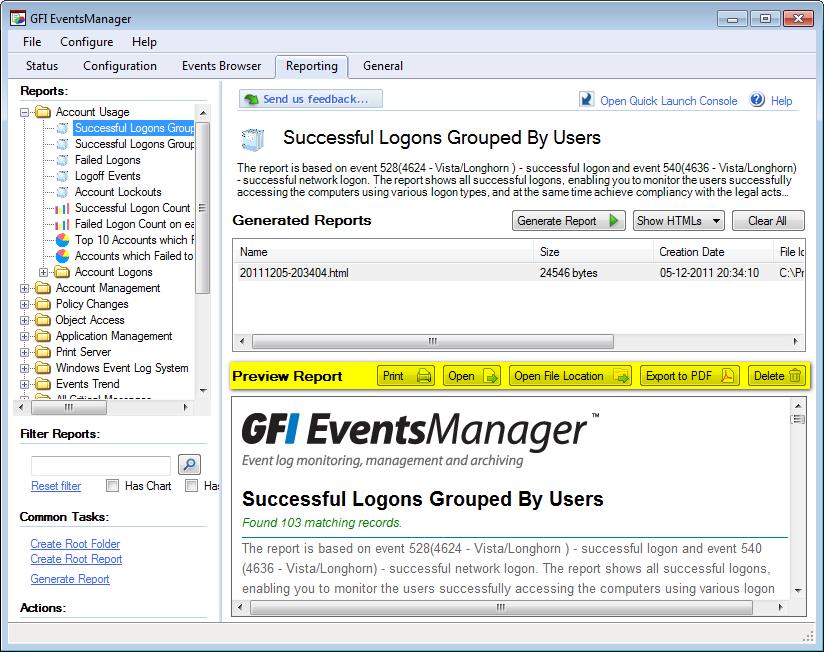 5.6 Analyzing reports Screenshot 27 Preview Report: Analyzing The reporting system of GFI EventsManager comes with dedicated tools to help you analyze and export reports.