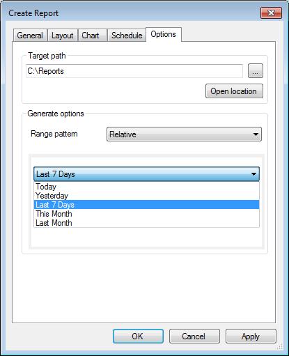 Screenshot 33 Createing a report: Options 6. Click Options tab. From Target path, specify destination path where the new report is saved when it is generated. 7.