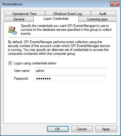 Screenshot 55 - Configuring alternative logon credentials GFI EventsManager, allows you to configure a dedicated set of logon credentials for individual event sources and groups.