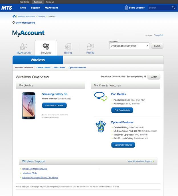 MyAccount for Business View your wireless Services wireless services: Clicking on a wireless telephone number will provide a Wireless overview associated to that telephone number as follows: Device