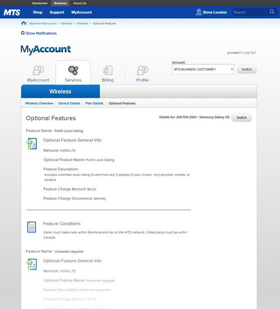 MyAccount for Business View your wireless Services wireless services: Optional Features provides