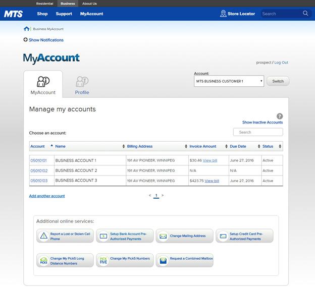 MyAccount for Business View your wireless Services Each page will show a maximum of 15 billing accounts; page selection is available at the bottom of the page when you have more than 15 billing