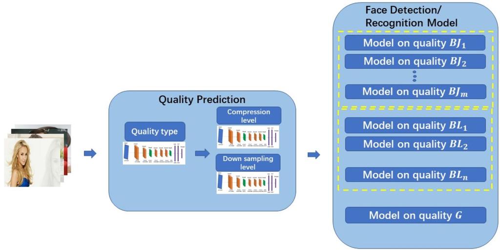 Fig. 3: Overall framework for quality level prediction and quality classified image face detection/recognition. layer after the second and fifth convolutional layers, respectively.