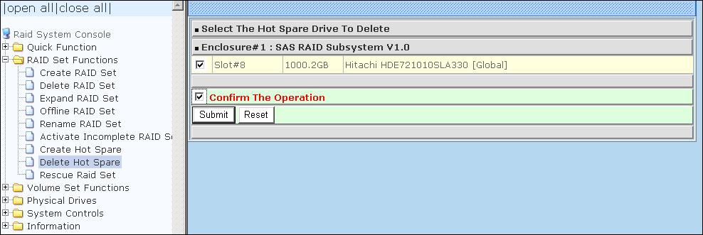5.2.8 Delete Hot Spare Select the target Hot Spare disk(s) to delete by clicking on the