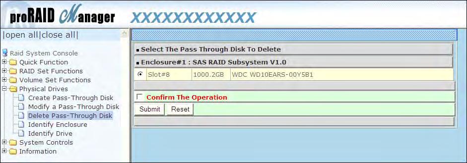 5.4.3 Delete Pass-Through Disk To delete Pass-Through Disk from the Pass-Through drive pool, click on Delete Pass-Through
