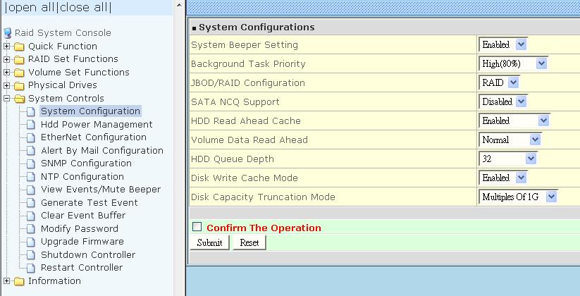 5.5 System Controls 5.5.1 System Configuration To set the RAID subsystem system configuration options, click the System Configuration link under the System Controls menu.