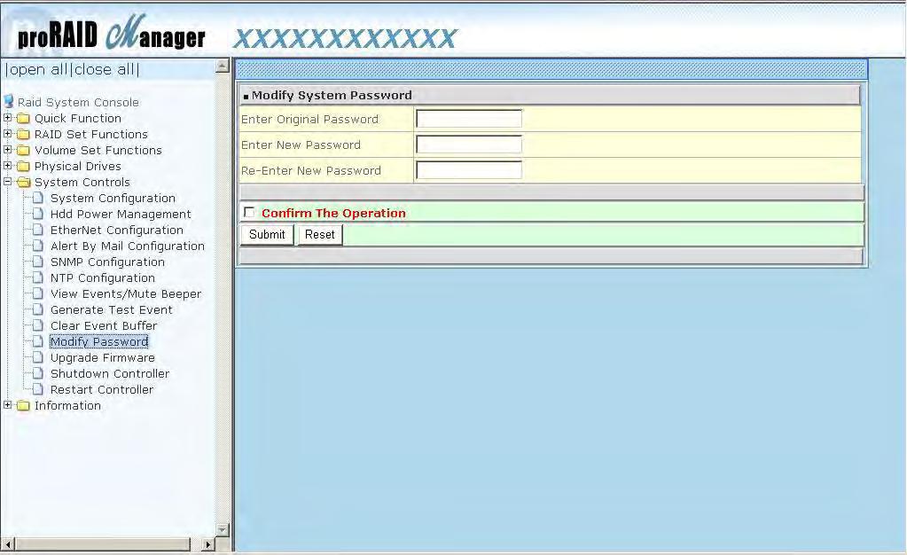 5.5.10 Modify Password To change or disable the RAID subsystem s admin password, click on the Modify Password link under the System Controls menu. The Modify System Password screen appears.