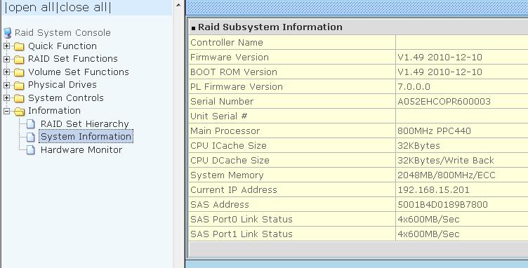 5.6.2 System Information To view the RAID subsystem s controller information, click the System Information link from the Information menu. The Raid Subsystem Information screen appears.