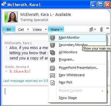 Monitors To share a monitor screen, 1. Choose the monitor you wish to share from the Share dropdown menu. 2. The screen will then expand. On the right will be the stage.