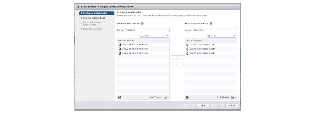 Convert Step 3 Configure Fault Domains The Create fault domain wizard will allow hosts to be selected for either of the two sides of the stretched cluster.
