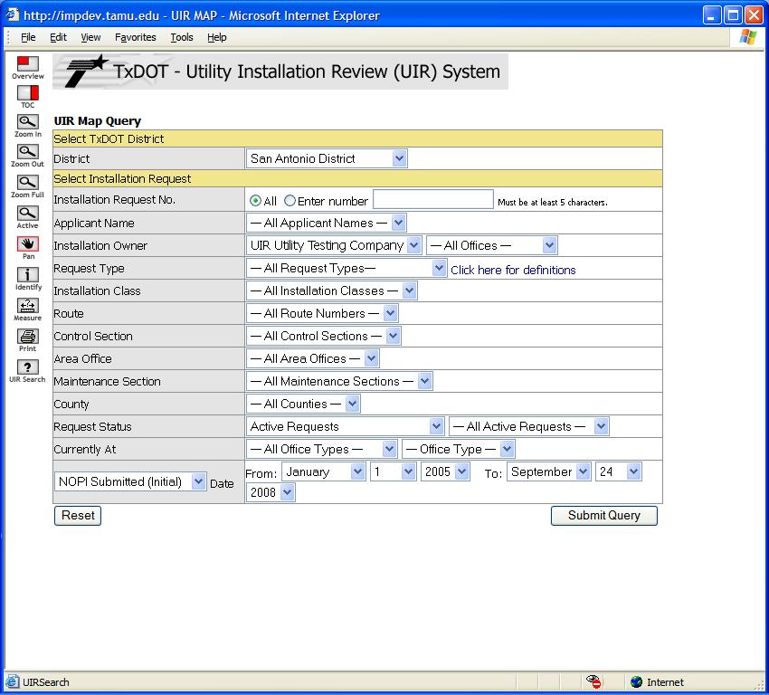 Operations Group 61 Another useful tool available on the map is the UIR Search tool. Click the UIR Search icon to show this request query form.