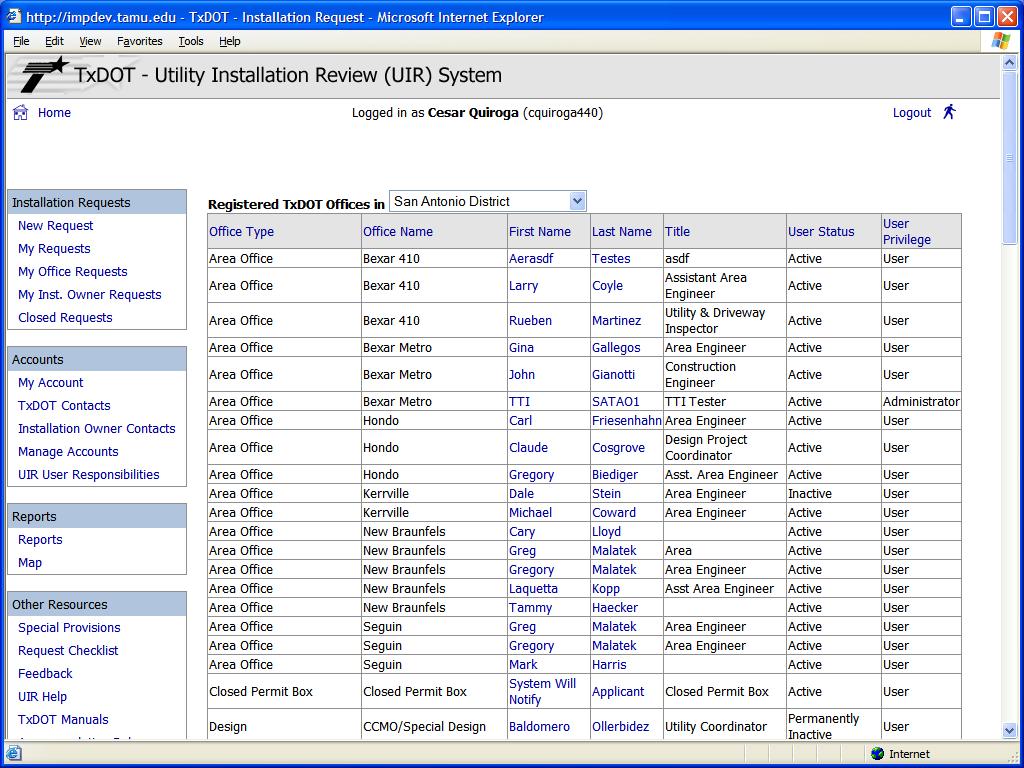 Operations Group 34 There are several other menu items listed in the Accounts menu box including TxDOT Contacts, Installation Owner Contacts, Manage Accounts, and UIR User Responsibilities.