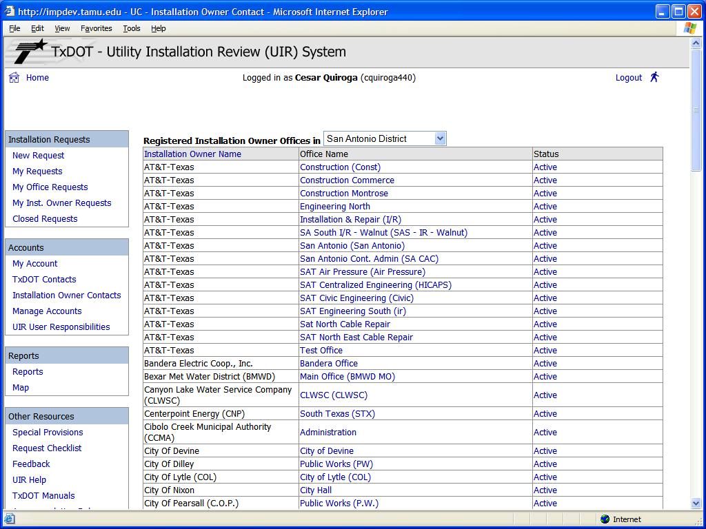 Operations Group 36 The Installation Owner Contacts menu in the Accounts menu box is a link to a page that lists installation owners and offices in the