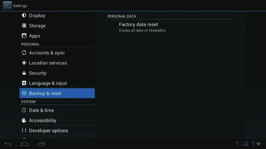 6.13 Backup & reset Move to " Backup & reset ",press to enter into factory data reset.you can erase all data on the MX2. 6.