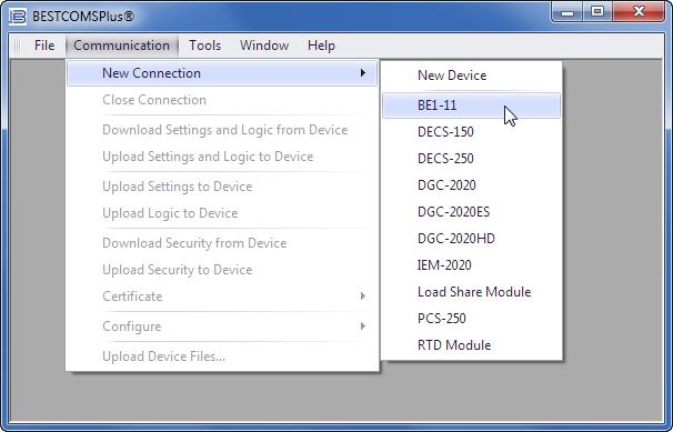 240 9424200996 Rev T The BESTCOMSPlus platform window opens. Select New Connection from the Communication pull-down menu and select BE1-11. See Figure 195.