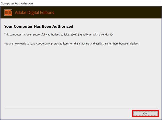 4. Once the authorization is complete, click the OK button: Authorizing your Nook or Kobo ereader