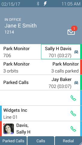 Allworx Verge IP Phone Series User Guide Verge IP phone Park example: Park Programmable Button Options Parked Call Listings Single Orbit Monitor No Call Parked Multiple Orbit Monitor No Calls Parked