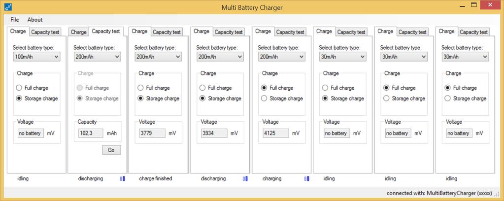 Charge the 30 mah, 100 mah, 200 mah and > 300 mah Lithium storage batteries to full charge or storage level.