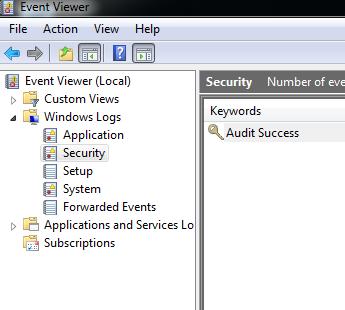9. Open Event Viewer and navigate to the Security log: 10.