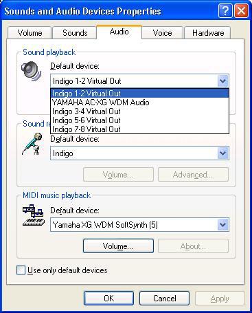 Professional audio software To audio software, the Indigo hardware appears as a group of stereo wave devices.