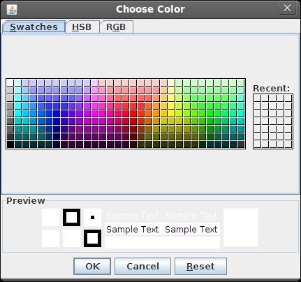 This code shows a color chooser dialog. The showdialog() method returns the selected color value. We change the display panel background to the newly selected color. 23.