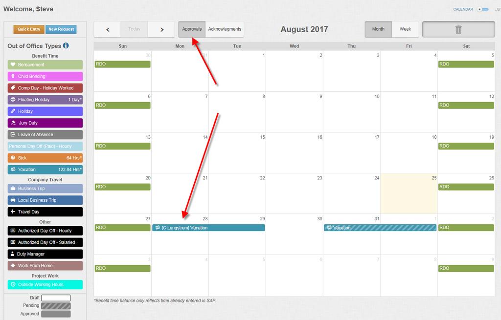 View Approvals On the Calendar Home Page, you may now view approvals by clicking on the Approvals button to display on your calendar any