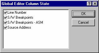 4. Editor information column added by the debugger. The global column states feature is also accessible from the main edit menu. To switch off a column in all source files 1.
