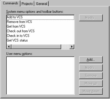 8. Custom Version Control System The Commands tab has two lists of menu options.