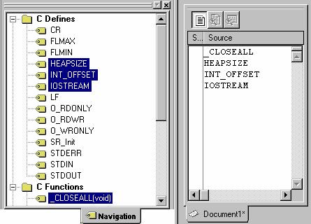 The Category (C Defines, C Functions, and C++ Classes), Globals Folder, and File items will not be draggable.