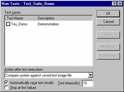 16. Test Support Facility 16.8 Running tests This allows you to select tests and automate their execution. To run tests 1. Select [Test -> Run Tests]. The Run Tests dialog box opens. 2.