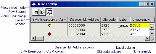 17. Debugging Facility Window configuration Clicking another toolbar button switches the display mode. To view disassembly codes in mixed mode, click the "View mixed mode" button.