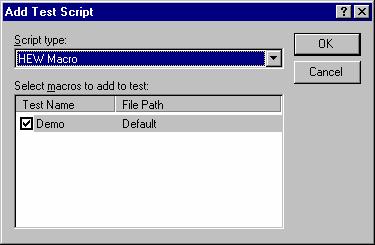 1. Overview 5. Enter Demonstration in Test description. 6. Click the Add button. The Add Test Script dialog box opens. 7. Select the Demo checkbox in Select macros to add to test. 8.