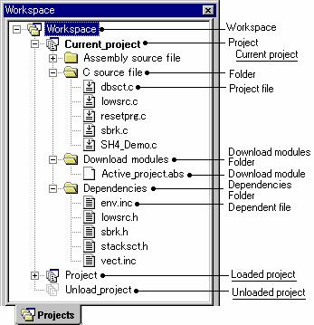2. Build Basics 2.2 Configuring the Projects tab of the Workspace window The Projects tab shows the current workspace, projects and files.