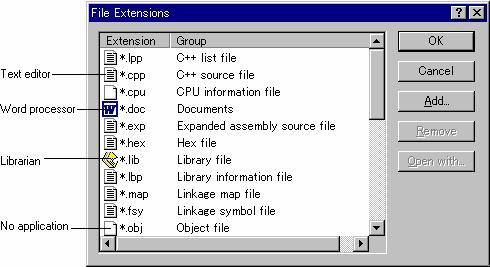 2. Build Basics To associate an application with a file group 1. Select [Project -> File Extensions].